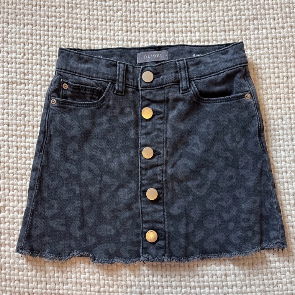 DL1961 Girls Jenny Denim Button Up Mini Skirt In Wild Animal Gray Black Sz 7